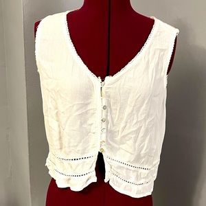 Large, Earthbound beige cropped button up tank. Thin, light weight.